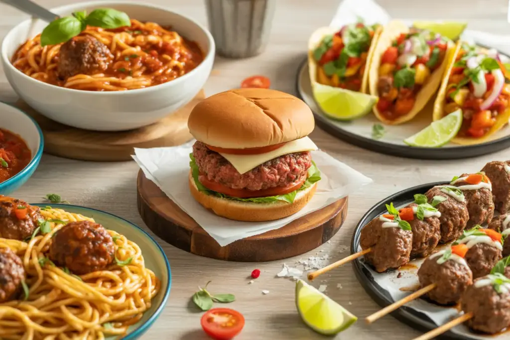 A flat lay image showcasing the best ground beef recipes, including a burger, spaghetti bolognese, tacos, and meatball kabobs on a wooden table.