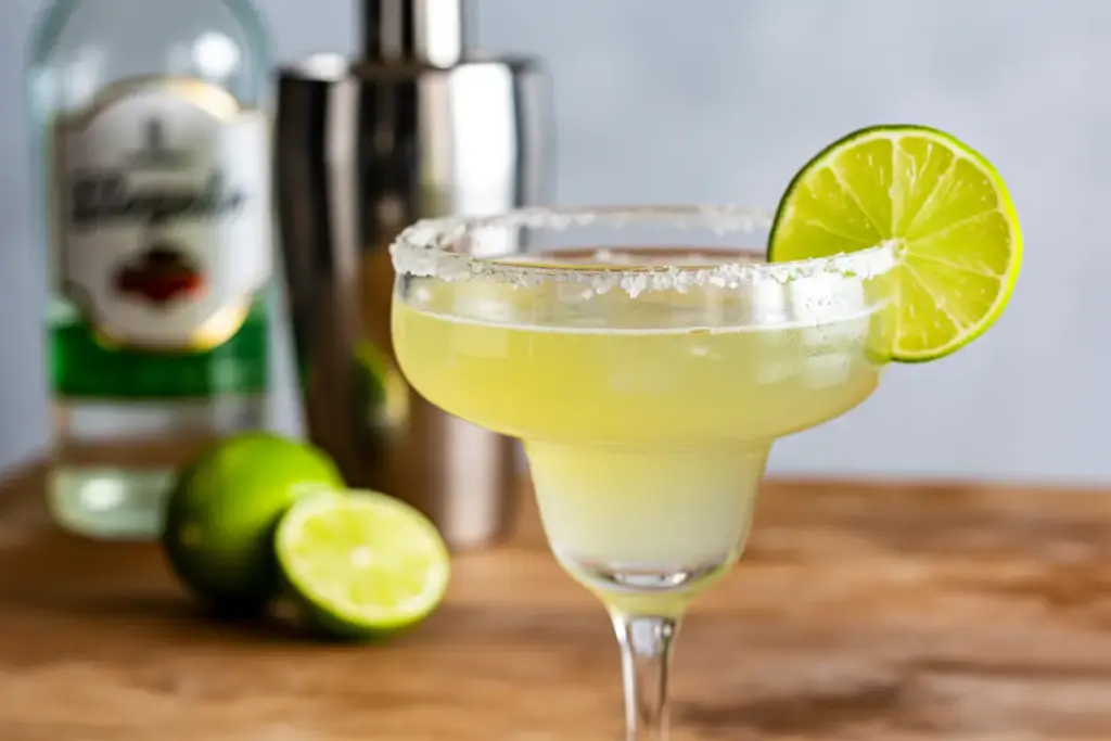 A perfectly crafted margarita representing the best margarita formula, with a salted rim, lime garnish, and ingredients like tequila and a shaker in the background.