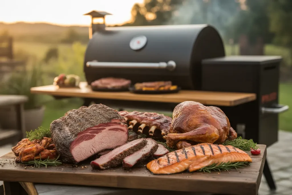 A rustic wooden board showcasing the best meats for a pellet grill, including smoked brisket, pork ribs, whole chicken, and salmon.