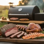 A rustic wooden board showcasing the best meats for a pellet grill, including smoked brisket, pork ribs, whole chicken, and salmon.