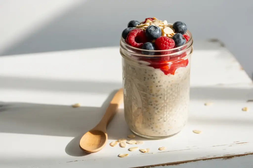 A glass jar filled with the best overnight oats recipe, layered with chia seeds and topped with fresh berries and nuts for a healthy breakfast.