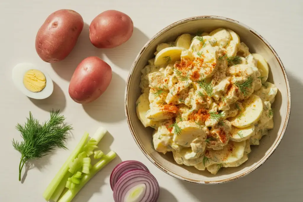 An overhead view of a bowl of creamy potato salad surrounded by its common ingredients like red potatoes, hard-boiled eggs, celery, and fresh dill.