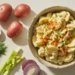 An overhead view of a bowl of creamy potato salad surrounded by its common ingredients like red potatoes, hard-boiled eggs, celery, and fresh dill.