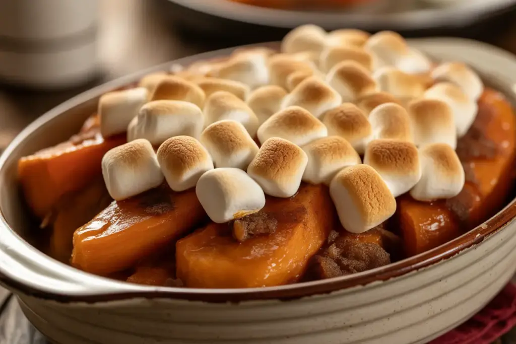 A close-up of a baking dish filled with classic candied yams, featuring a rich brown sugar glaze and a perfectly toasted marshmallow topping.