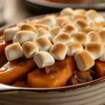 A close-up of a baking dish filled with classic candied yams, featuring a rich brown sugar glaze and a perfectly toasted marshmallow topping.