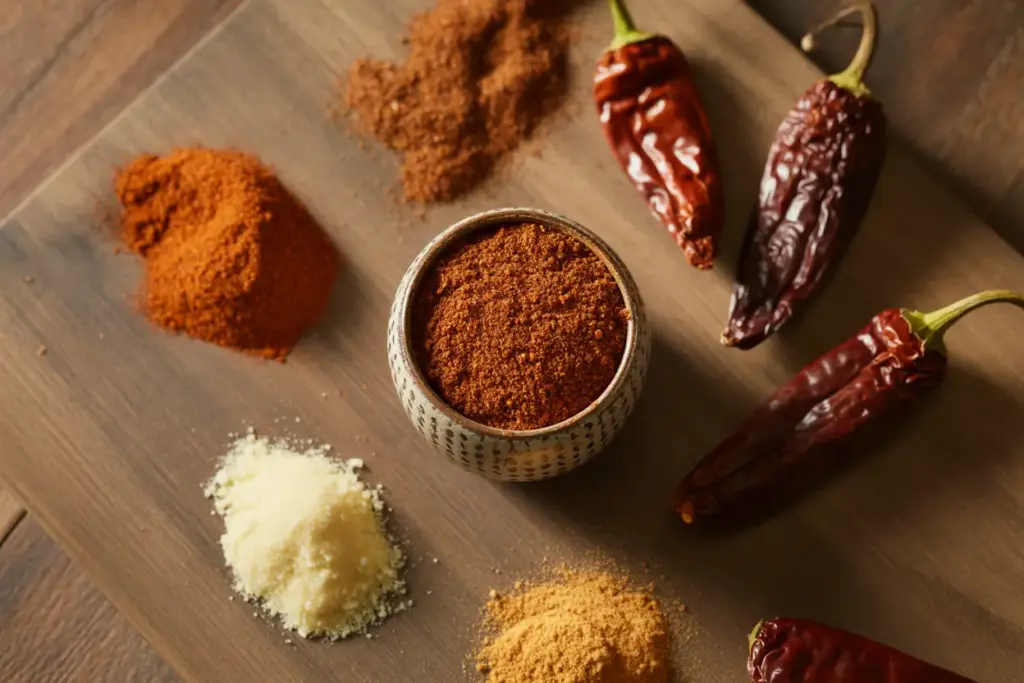 A rustic wooden table displaying the core chipotle seasoning ingredients: dried chipotle peppers, paprika, garlic powder, and the final spice blend in a bowl.