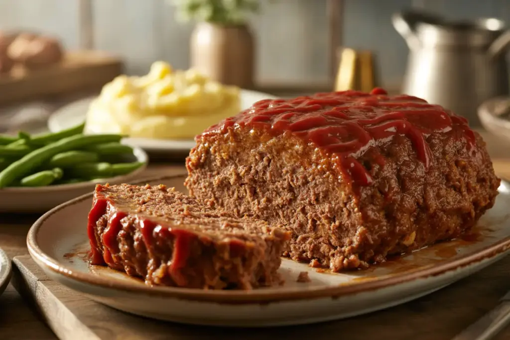 A close-up of a delicious, freshly baked 4-ingredient meatloaf with a ketchup glaze, sliced to show its juicy interior, served with mashed potatoes.