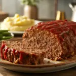 A close-up of a delicious, freshly baked 4-ingredient meatloaf with a ketchup glaze, sliced to show its juicy interior, served with mashed potatoes.
