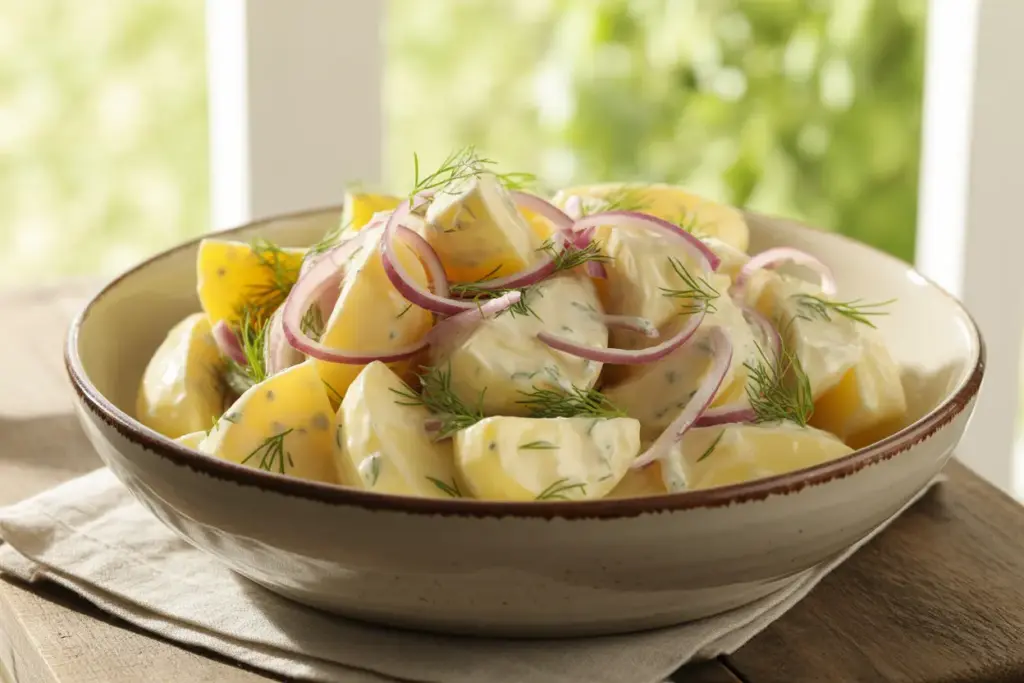 A creamy bowl of classic 4-ingredient potato salad, made with tender potatoes, mayonnaise, and onions, served as a summer side dish.