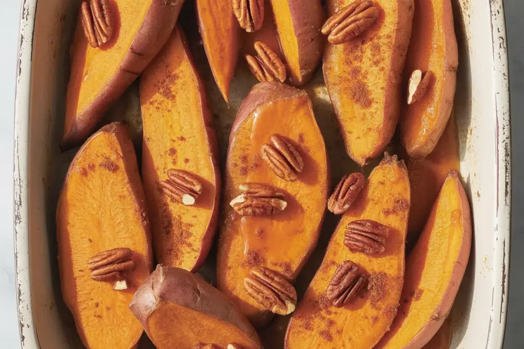 A close-up of a candied sweet potatoes recipe, featuring caramelized sweet potato slices in a brown sugar glaze, topped with toasted pecans in a baking dish.
