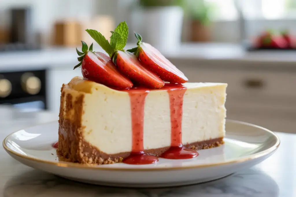 A perfect slice of classic cheesecake, featuring a rich, creamy texture and a buttery graham cracker crust, elegantly topped with fresh strawberries.