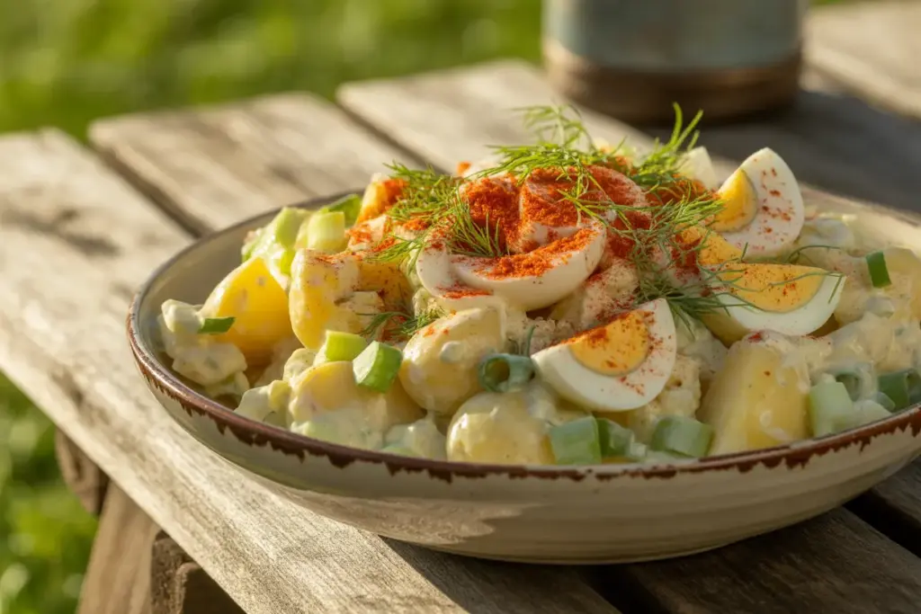 A close-up of a bowl of classic potato salad, a perfect side dish recipe with potatoes, eggs, and a creamy dressing.