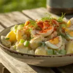 A close-up of a bowl of classic potato salad, a perfect side dish recipe with potatoes, eggs, and a creamy dressing.