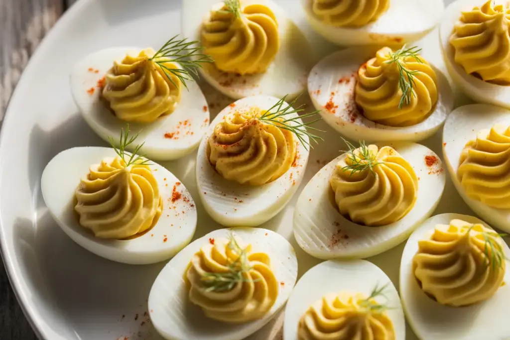 A platter of classic deviled eggs with a creamy egg yolk filling, garnished with paprika and fresh dill, ready to be served as a party appetizer.
