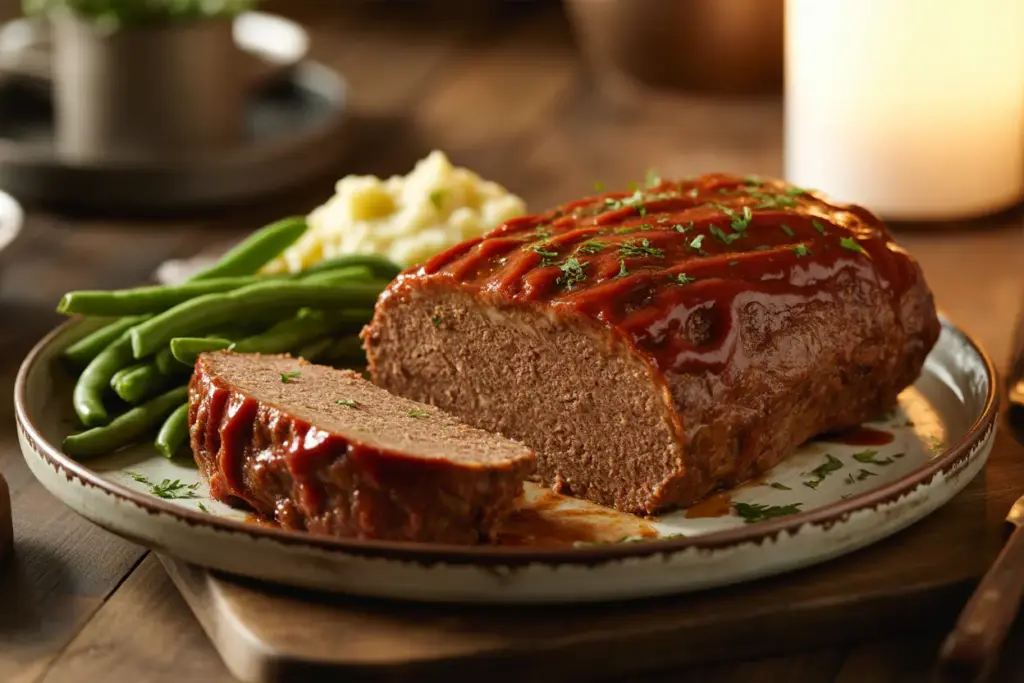 A freshly baked classic meatloaf with a shiny glaze, showcasing a juicy meatloaf recipe, served on a platter with mashed potatoes.