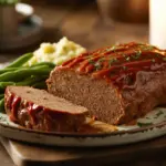 A freshly baked classic meatloaf with a shiny glaze, showcasing a juicy meatloaf recipe, served on a platter with mashed potatoes.