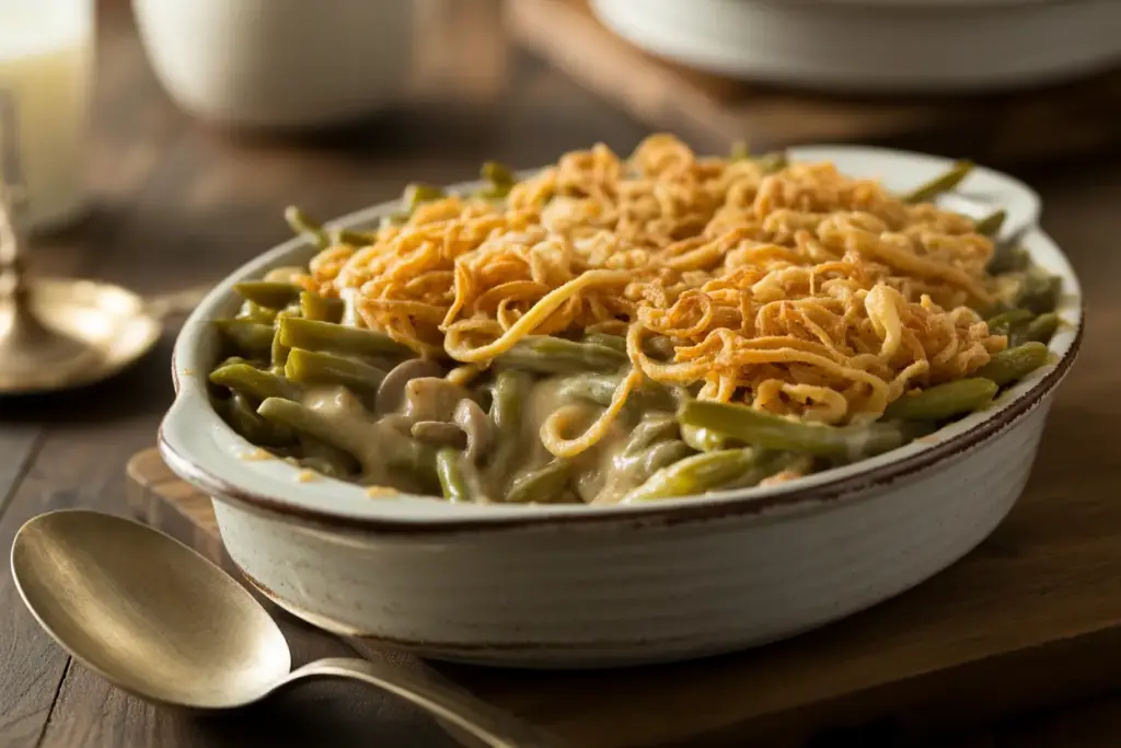 A close-up of a freshly baked green bean casserole recipe, with a crispy onion topping in a white dish, ready to be served as a holiday side dish.