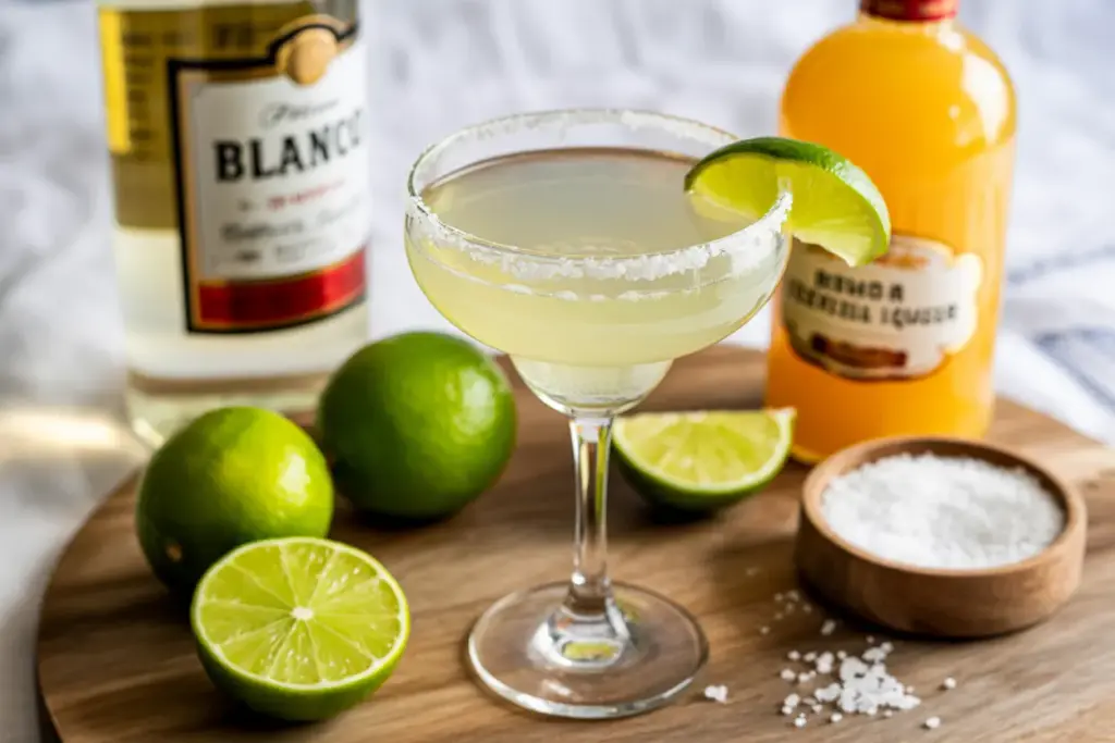 A classic margarita cocktail with a salted rim, surrounded by its core ingredients: tequila, fresh lime juice, and orange liqueur.