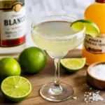 A classic margarita cocktail with a salted rim, surrounded by its core ingredients: tequila, fresh lime juice, and orange liqueur.