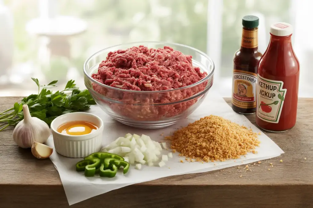 A flat lay of classic meatloaf ingredients like ground meat, egg, breadcrumbs, and vegetables ready for mixing.