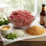 A flat lay of classic meatloaf ingredients like ground meat, egg, breadcrumbs, and vegetables ready for mixing.