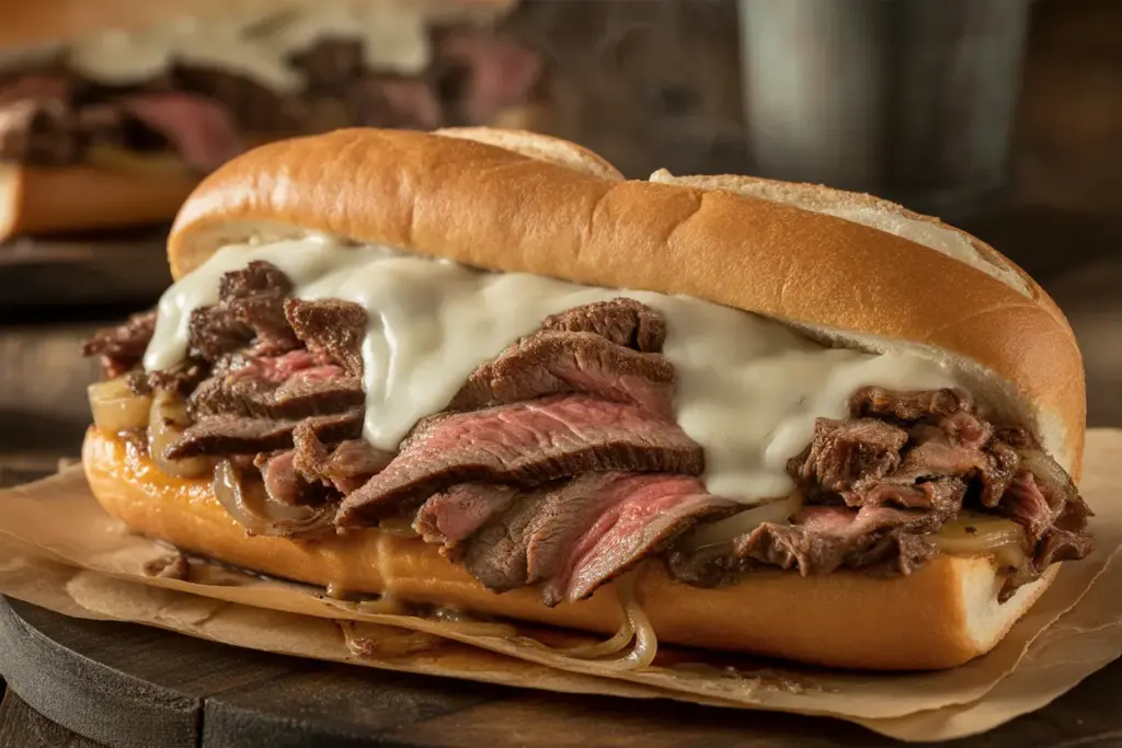 A close-up of a homemade Philly cheesesteak recipe with thinly sliced ribeye steak, melted provolone cheese, and caramelized onions on a toasted hoagie roll.