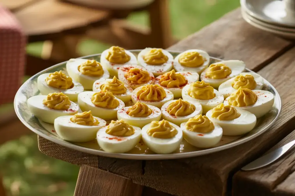 A rustic platter of classic Southern deviled eggs, showcasing their creamy filling and paprika garnish, which are made from essential Southern ingredients.