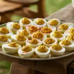 A rustic platter of classic Southern deviled eggs, showcasing their creamy filling and paprika garnish, which are made from essential Southern ingredients.