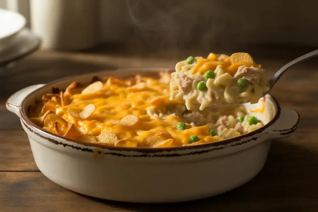 A freshly baked classic tuna casserole recipe in a ceramic dish, featuring a golden-brown, crunchy potato chip topping and a creamy interior with noodles and peas.
