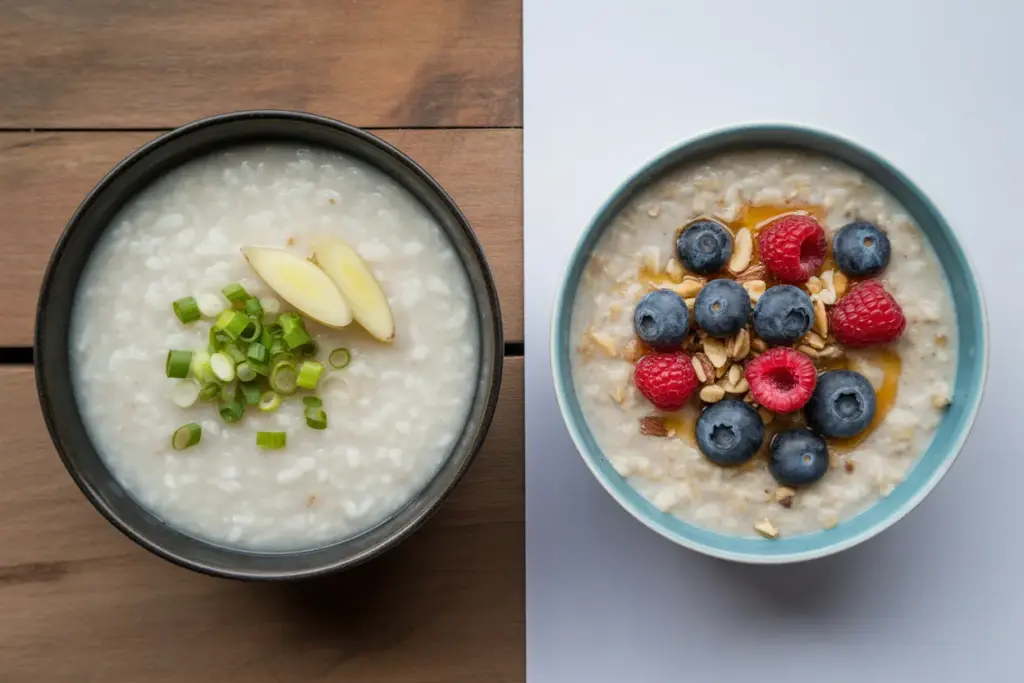 A side-by-side comparison of congee vs porridge, showing a savory Asian rice porridge and a sweet oatmeal porridge with toppings.