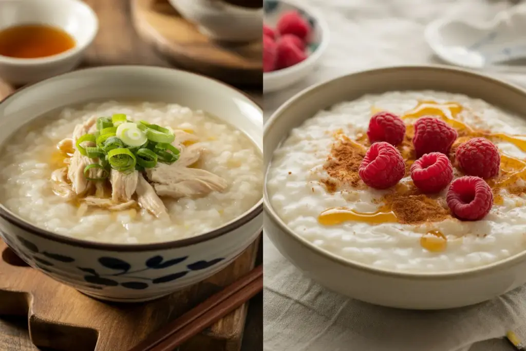 A side-by-side comparison of savory congee vs sweet rice porridge, showing the differences in texture and toppings.