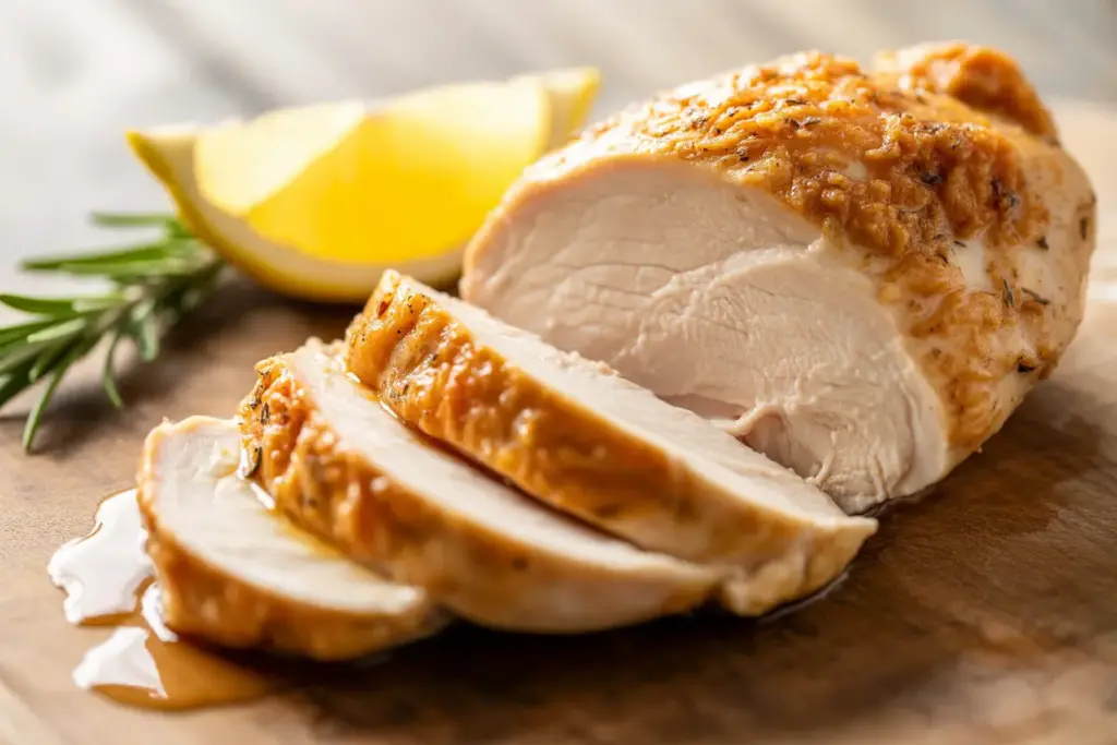 A sliced, juicy chicken breast with a golden-brown crust, resting on a cutting board, ready to eat.