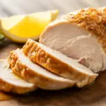 A sliced, juicy chicken breast with a golden-brown crust, resting on a cutting board, ready to eat.