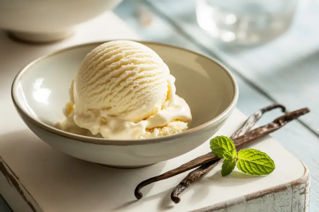 A scoop of creamy homemade vanilla ice cream in a rustic bowl, highlighting the easy recipe and delicious texture.