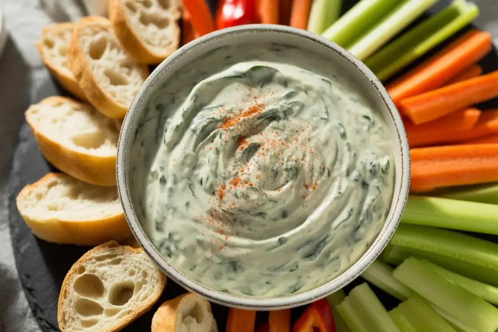 A bowl of the classic Knorr spinach dip recipe, served as a party favorite with bread, carrots, and celery for dipping.