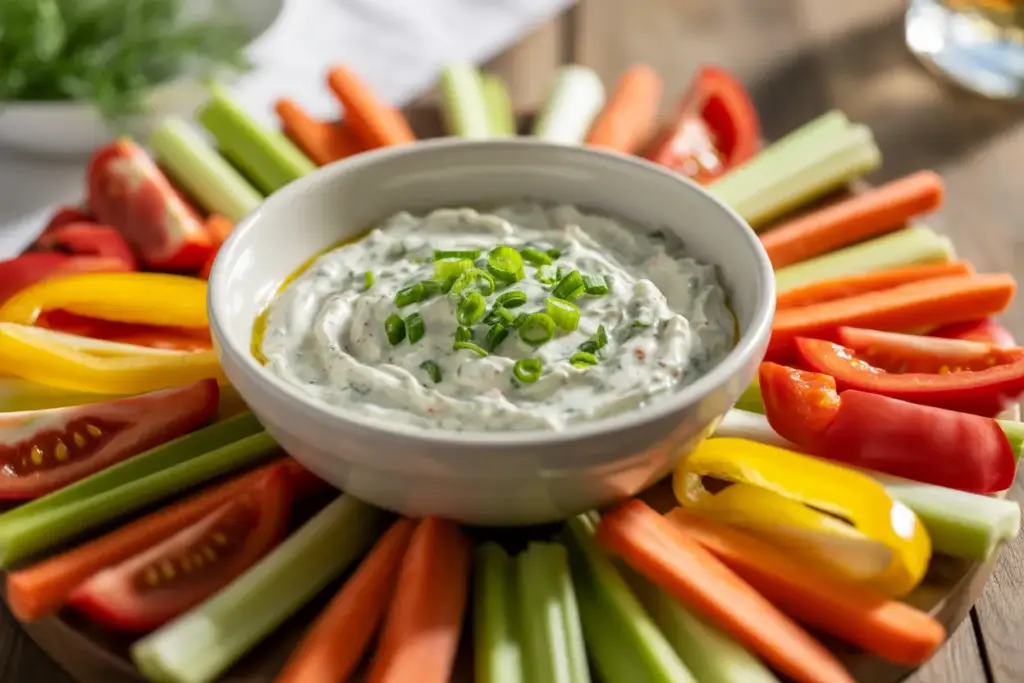 A bowl of creamy Knorr vegetable dip recipe, garnished and surrounded by a platter of fresh vegetables like carrots and bell peppers, ready for a party.
