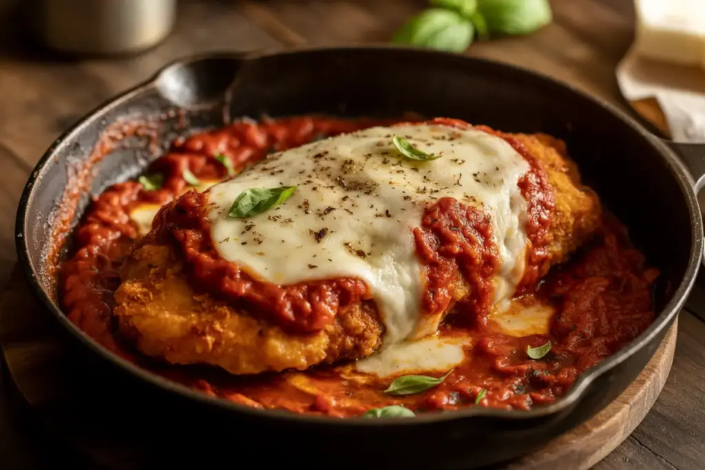 A close-up of a crispy chicken parmesan cutlet, topped with rich tomato sauce, melted mozzarella cheese, and fresh basil garnish.