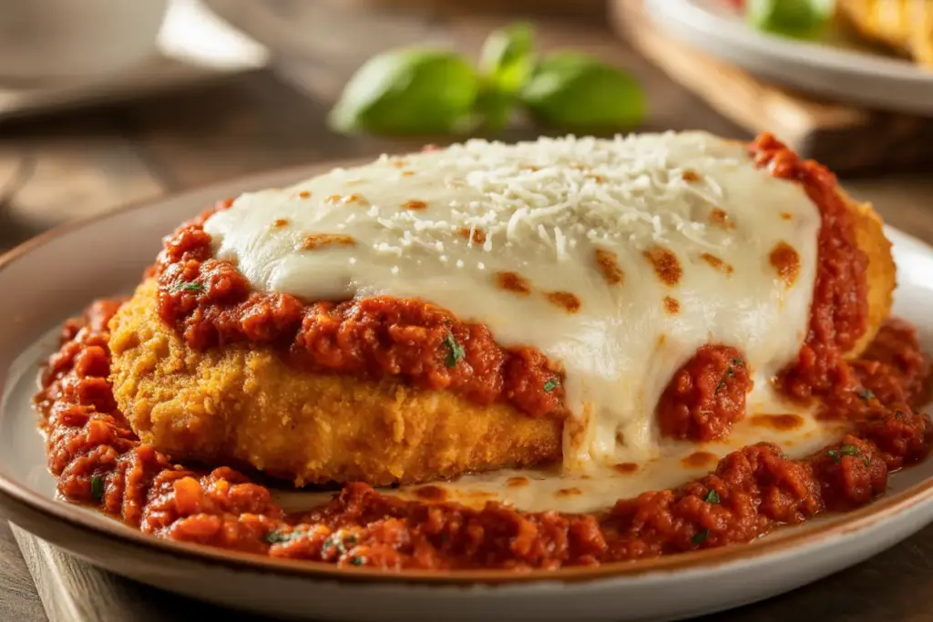 A close-up of a delicious and crispy chicken parmesan recipe, with melted mozzarella and marinara sauce on a rustic plate.
