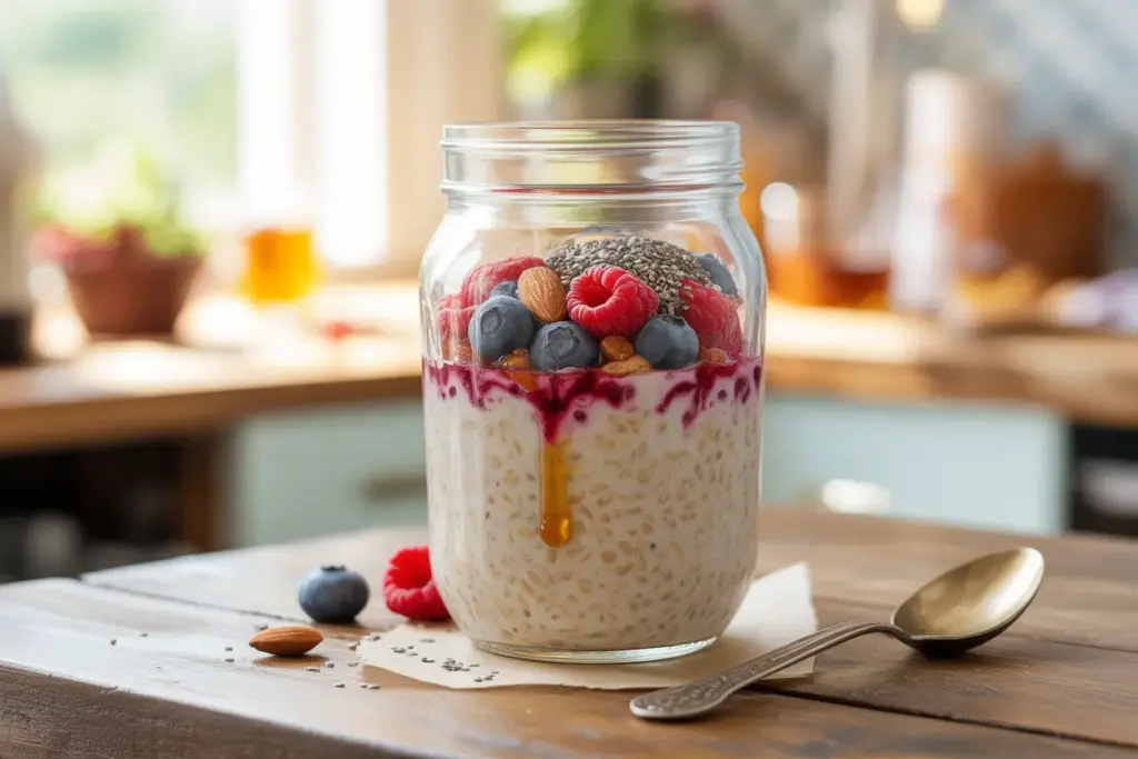 A glass jar of a creamy overnight oats recipe, topped with fresh berries, nuts, and chia seeds, representing a healthy customizable breakfast.