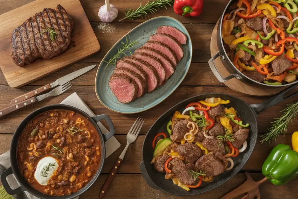 A variety of delicious beef dinner ideas, including a grilled steak, a bowl of chili, and a beef stir-fry, presented on a rustic table.