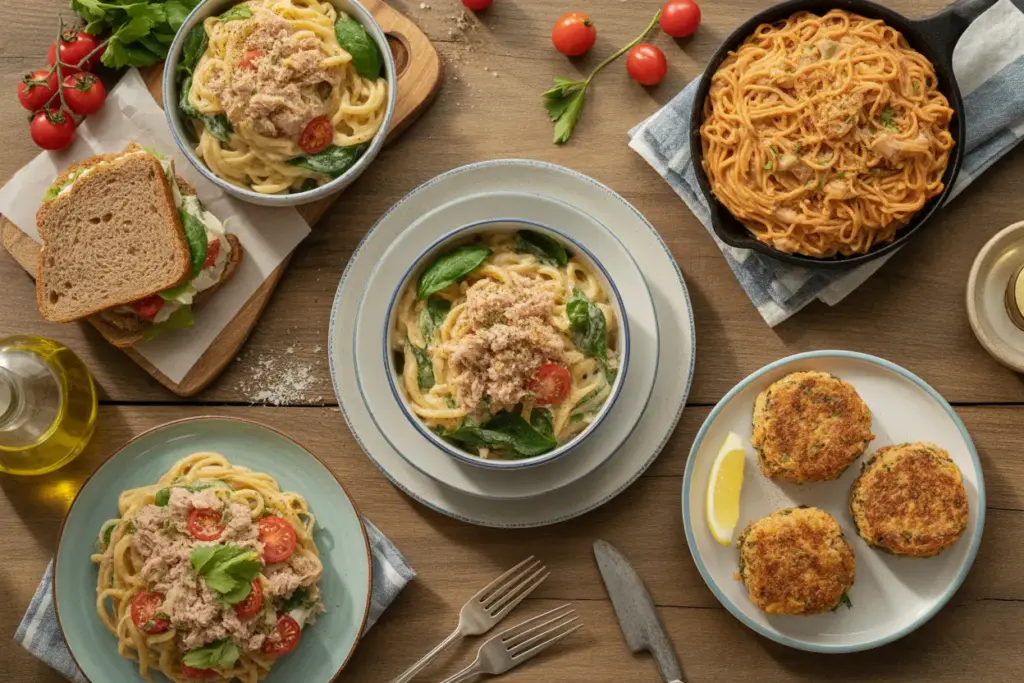 A flat lay of various canned tuna recipes, including a tuna salad sandwich, tuna pasta, and a hearty casserole, showcasing delicious and healthy meal ideas.