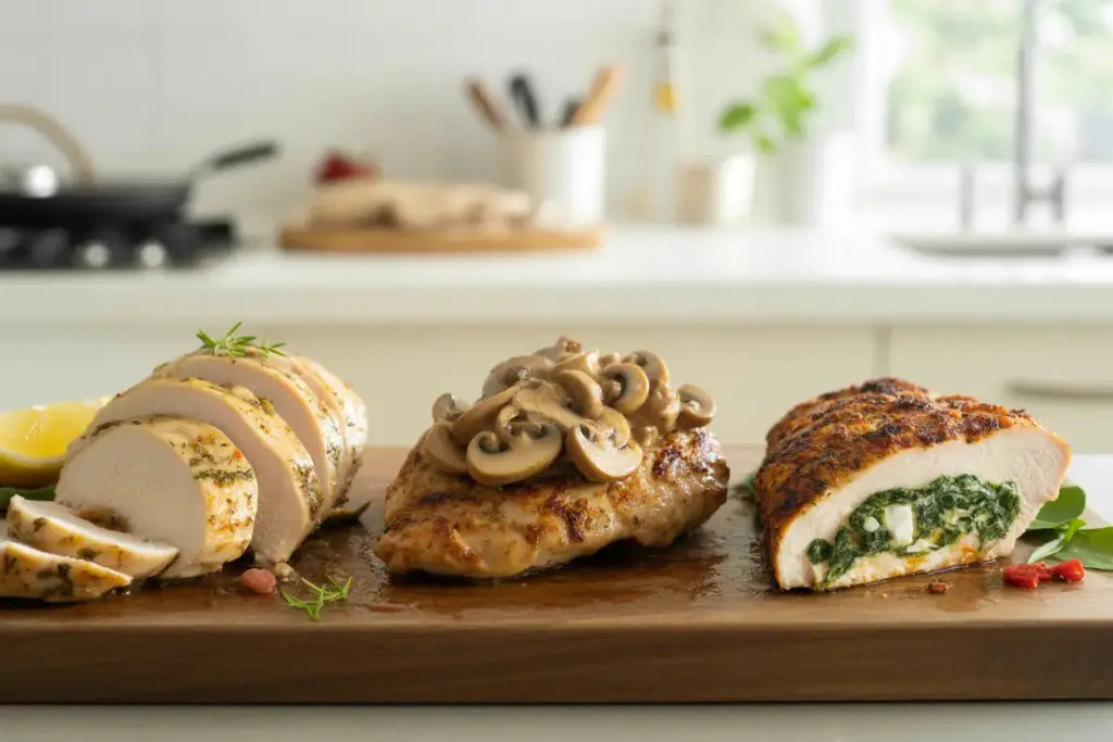 Platter showcasing three delicious chicken breast recipes: grilled, pan-seared with mushroom sauce, and Mediterranean stuffed chicken, highlighting juicy and flavorful ideas.