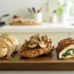 Platter showcasing three delicious chicken breast recipes: grilled, pan-seared with mushroom sauce, and Mediterranean stuffed chicken, highlighting juicy and flavorful ideas.