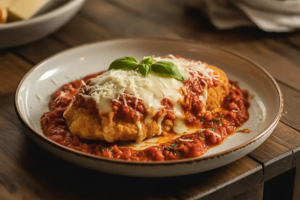 A close-up of a delicious chicken parmesan, highlighting the essential ingredients like melted mozzarella cheese, rich marinara sauce, and a golden-brown breaded chicken breast.