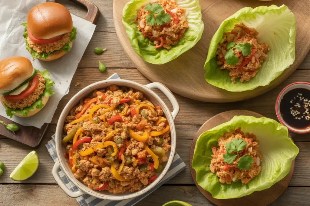 An overhead flat lay of various healthy ground chicken recipes, including stir-fry, sliders, and lettuce wraps, garnished with fresh herbs.