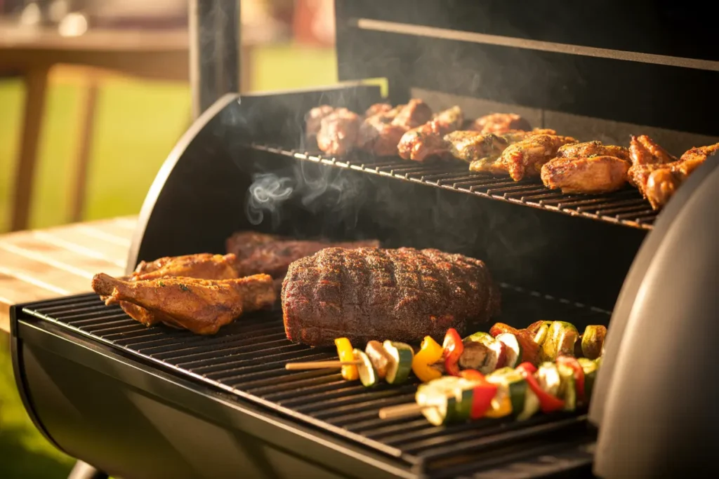 A variety of delicious pellet grill recipes, including smoked brisket, chicken wings, and vegetable skewers, cooking on a grill with wisps of smoke.