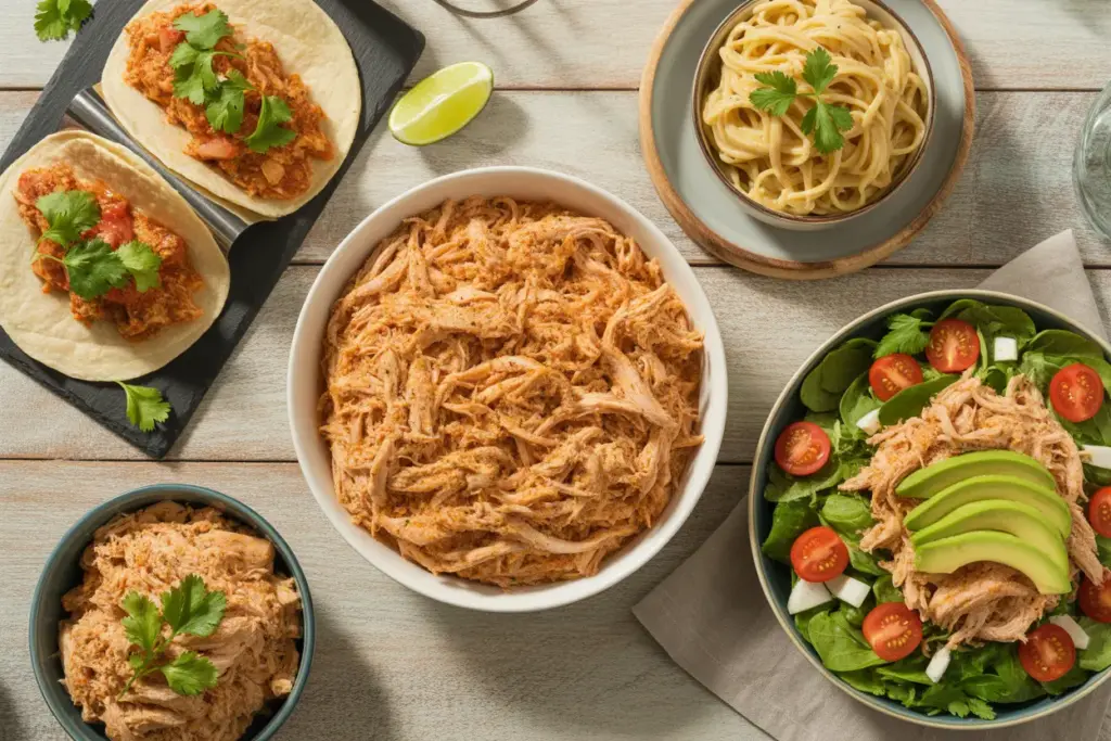 Flat lay of various delicious shredded chicken recipes including tacos, pasta, and salad, showcasing versatile meal ideas.