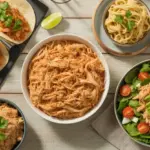 Flat lay of various delicious shredded chicken recipes including tacos, pasta, and salad, showcasing versatile meal ideas.