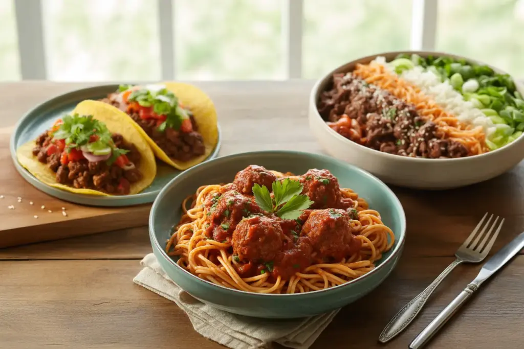 A flat lay image of various ground beef recipes, including spaghetti and meatballs, tacos, and a Korean beef bowl, showcasing versatile meal ideas.