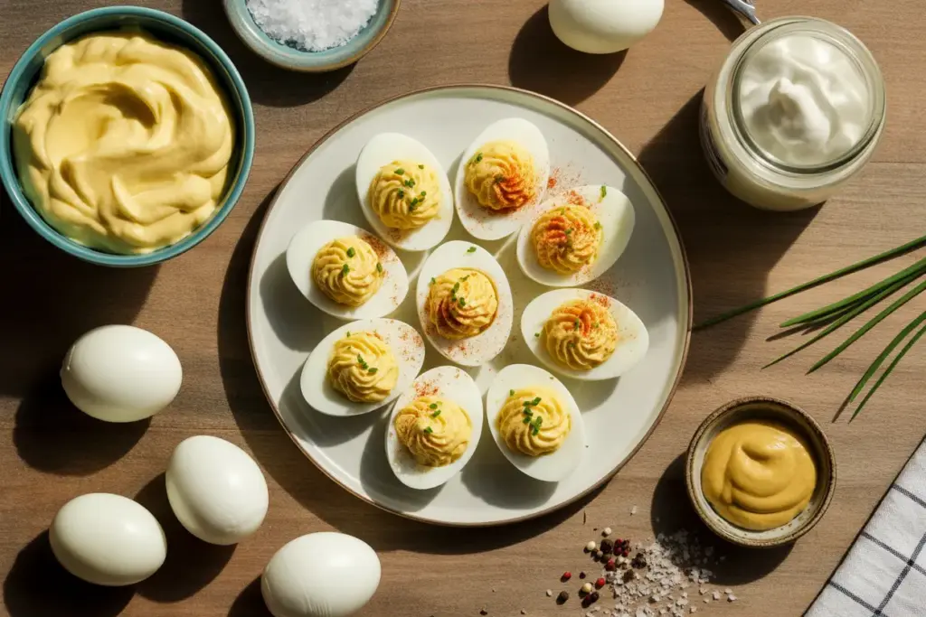 A flat lay of classic deviled eggs ingredients like eggs, mayonnaise, and mustard surrounding a finished plate of deviled eggs.